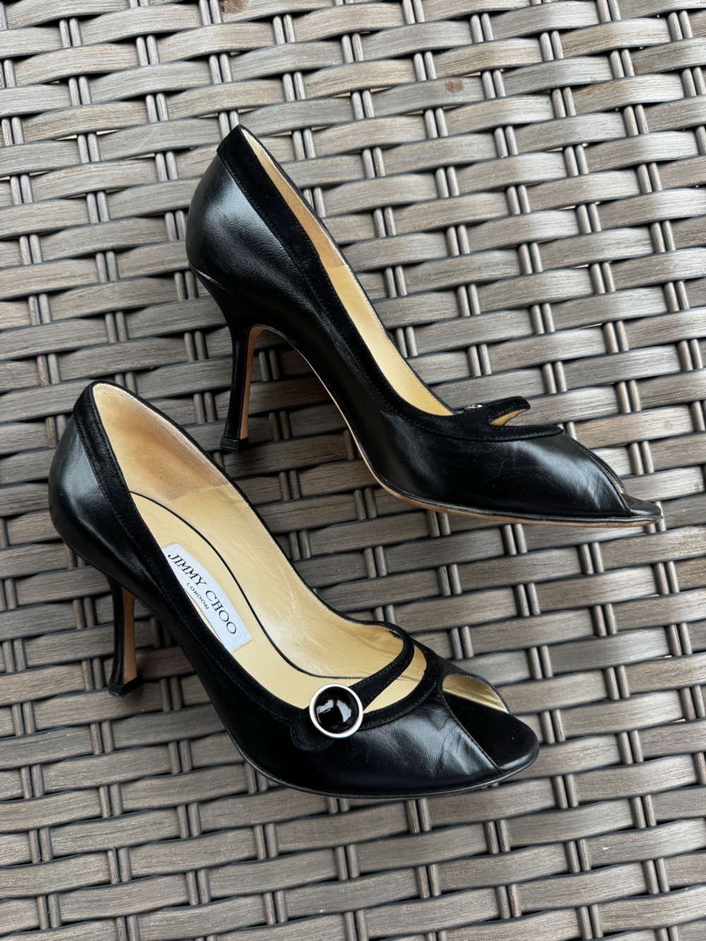 Vintage Jimmy Choo Black Leather Peep Toe Mary Jane Heels Pumps Size 36,5 - Picture 4 of 15